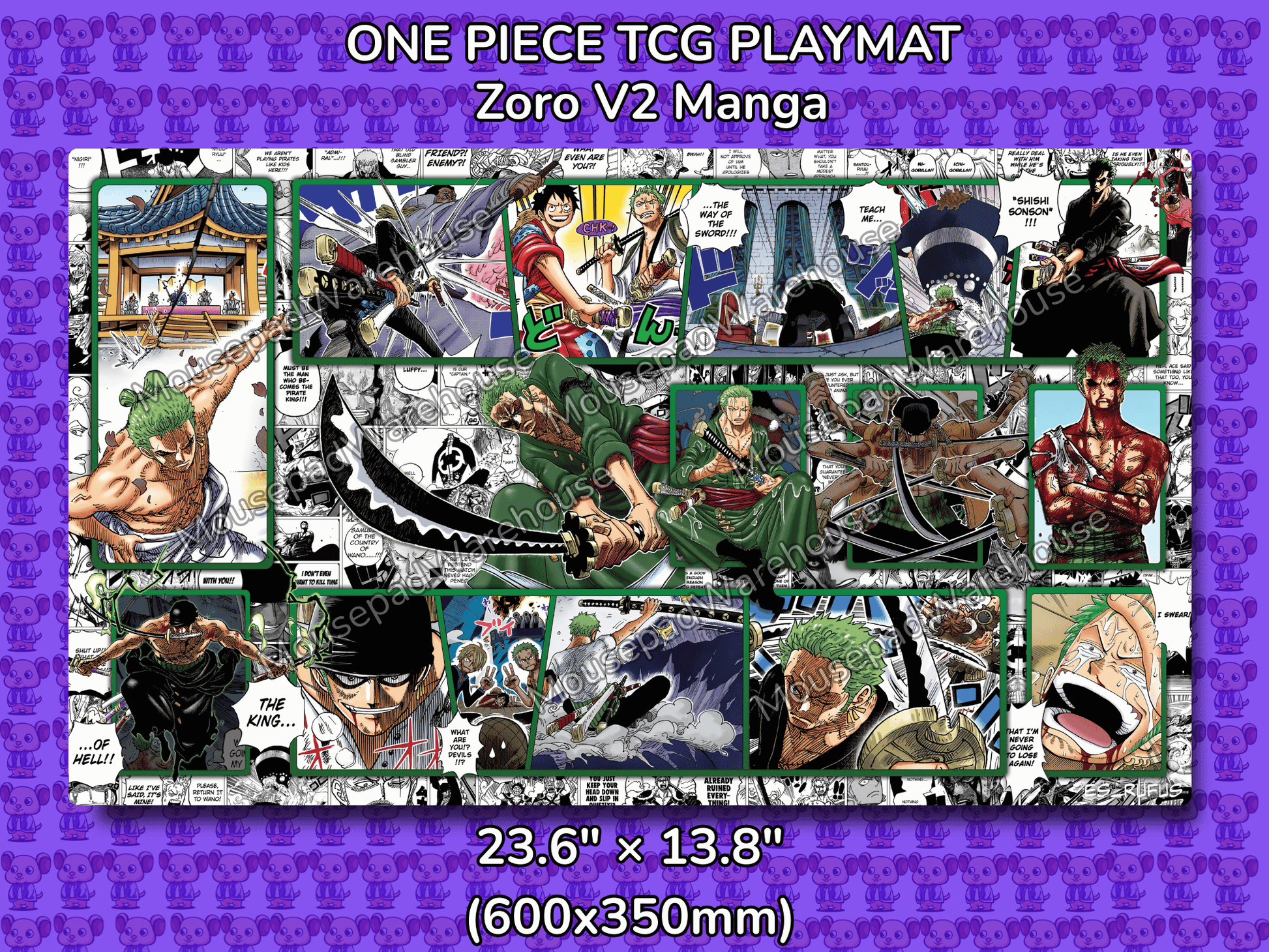 One Piece TCG Playmat featuring Zoro V2 Manga design on a purple patterned background.