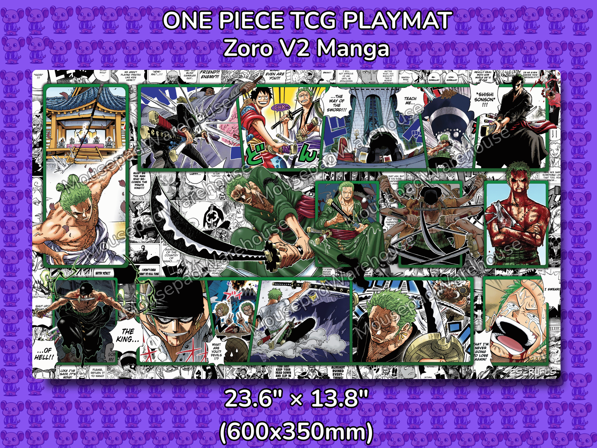 One Piece TCG Playmat featuring Zoro V2 Manga design on a purple patterned background.