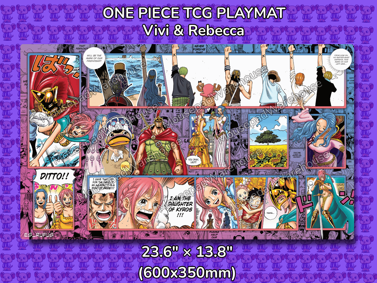 One Piece TCG playmat featuring Vivi and Rebecca with character illustrations on a purple background.