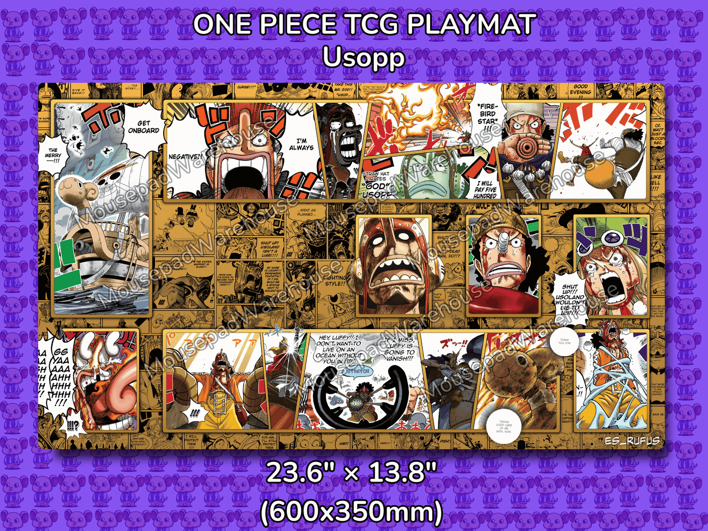 One Piece TCG Playmat featuring Usopp with a purple border and text.