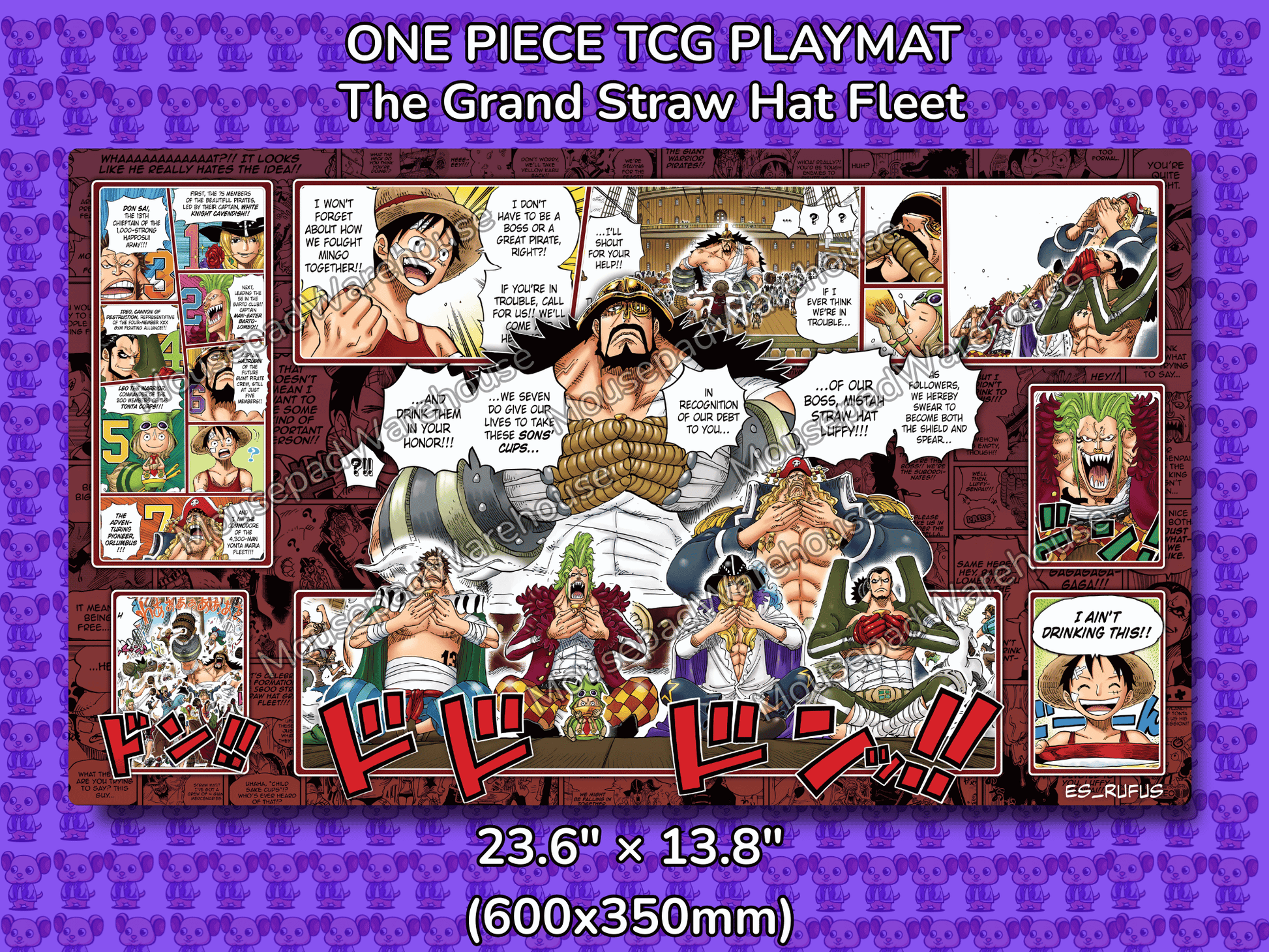 One Piece TCG Playmat featuring characters from The Grand Straw Hat Fleet on a purple background.