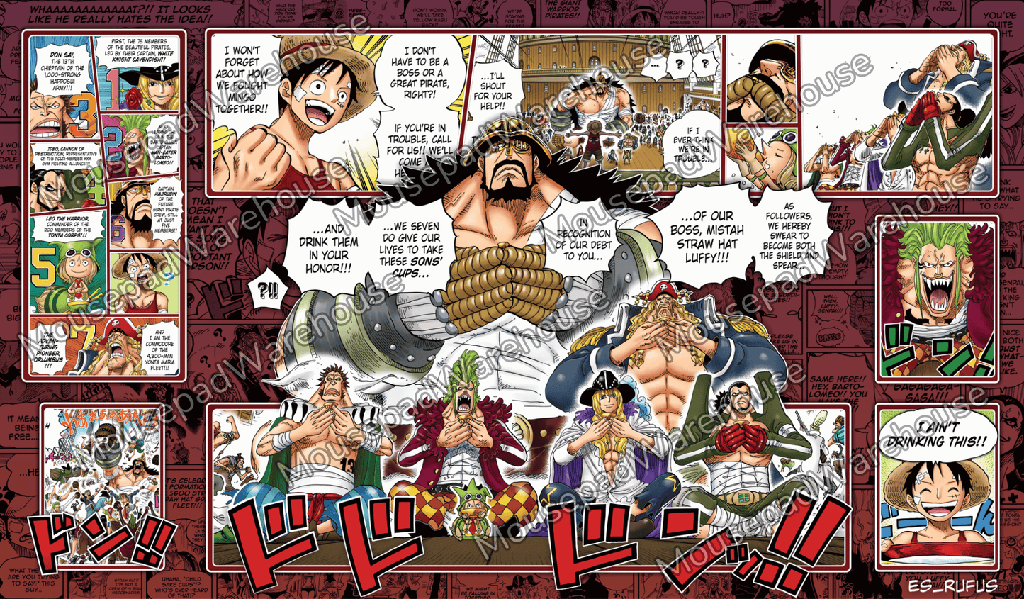 Comic-style illustration with various characters and text on a red background