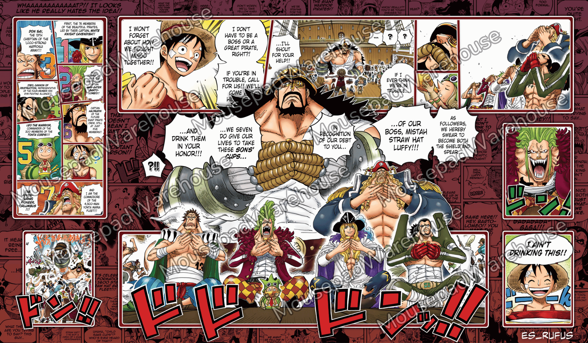 Comic-style illustration with various characters and text on a red background