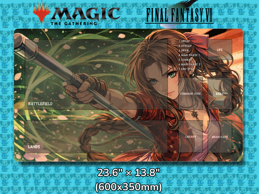 Playmat with character design featuring 'Magic: The Gathering' and 'Final Fantasy VII' logos on a blue background.