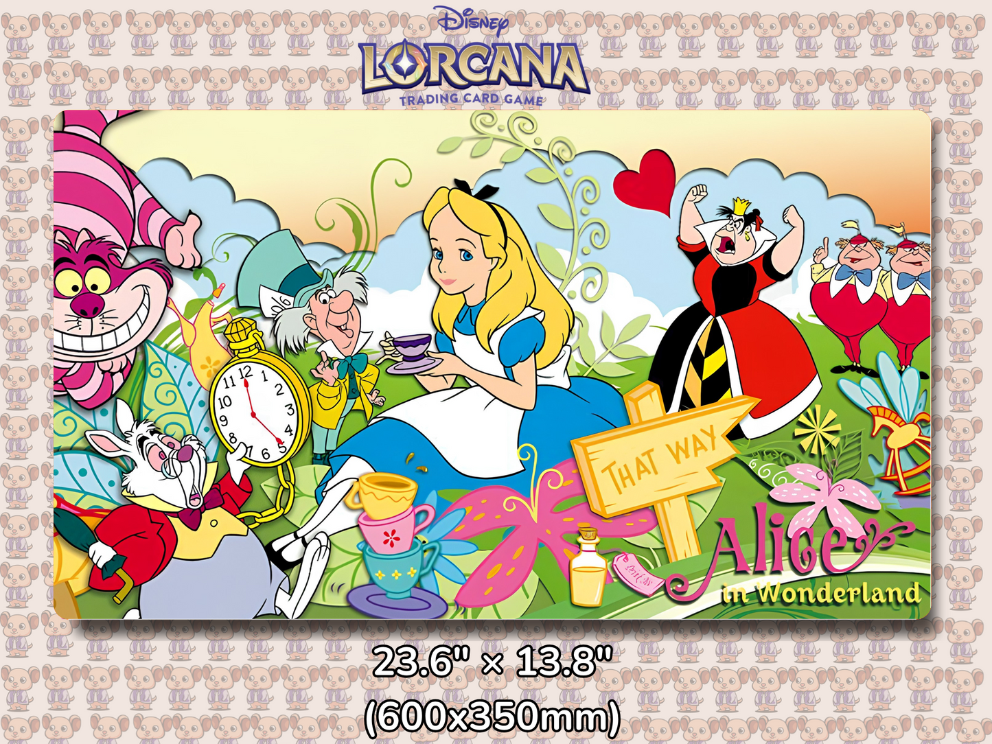 Playmat with character design featuring Lorcana Characters and logos on a beige background.