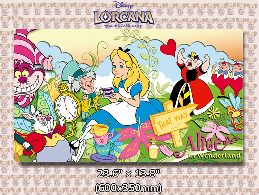 Playmat with character design featuring Lorcana Characters and logos on a beige background.