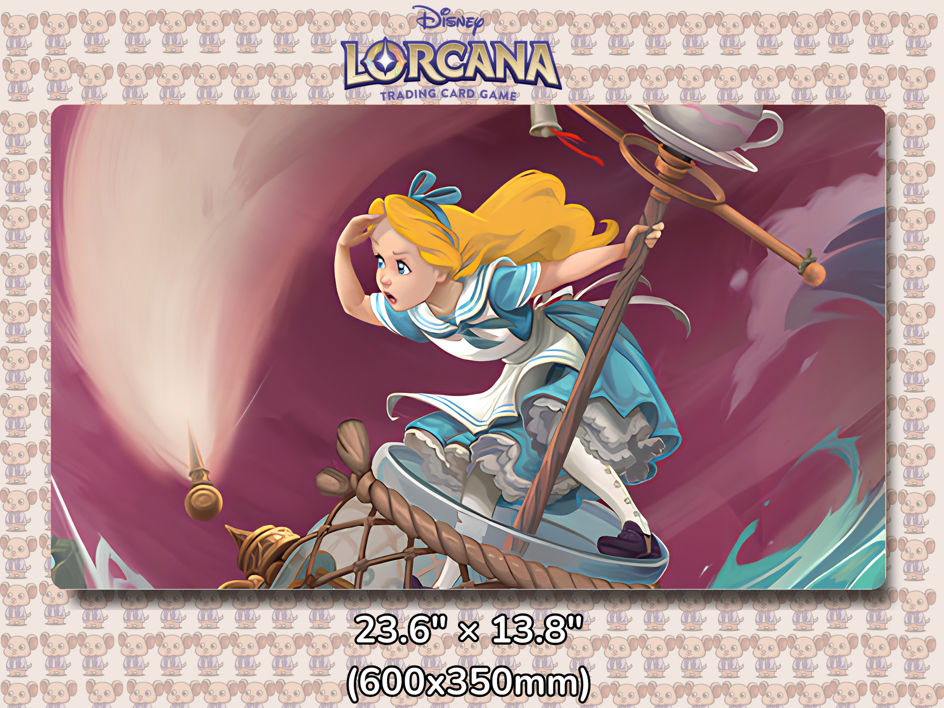 Playmat with character design featuring Lorcana Characters and logos on a beige background.
