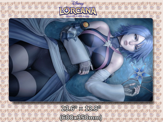 Playmat with character design featuring Lorcana Characters and logos on a beige background.