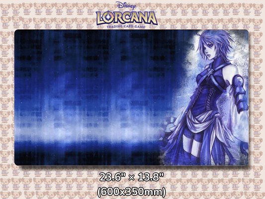 Playmat with character design featuring Lorcana Characters and logos on a beige background.