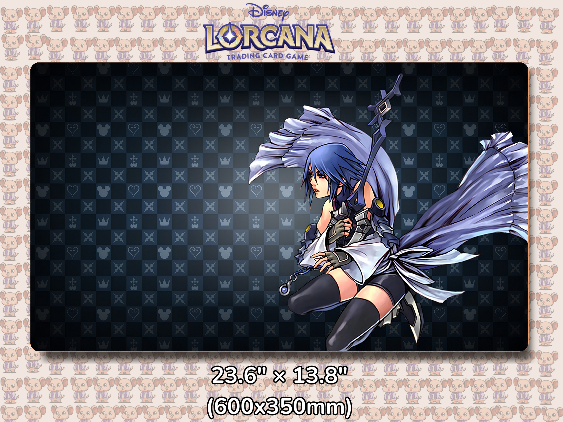Playmat with character design featuring Lorcana Characters and logos on a beige background.