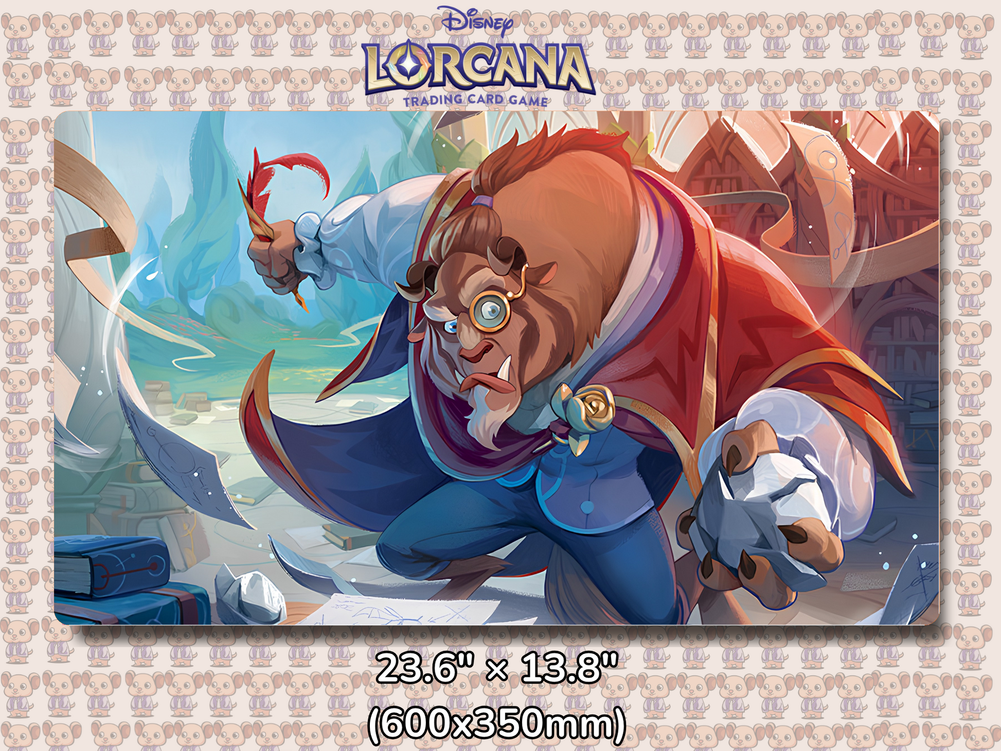 Playmat with character design featuring Lorcana Characters and logos on a beige background.