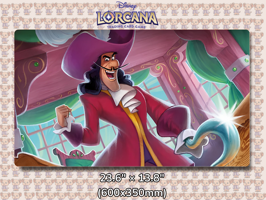 Playmat with character design featuring Lorcana Characters and logos on a beige background.