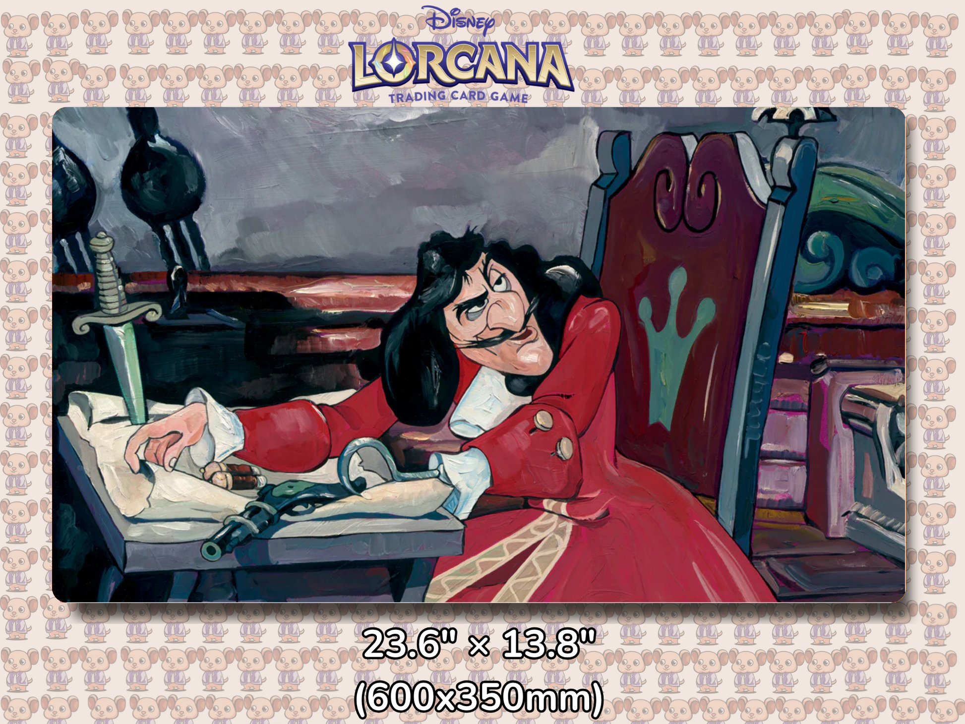 Playmat with character design featuring Lorcana Characters and logos on a beige background.
