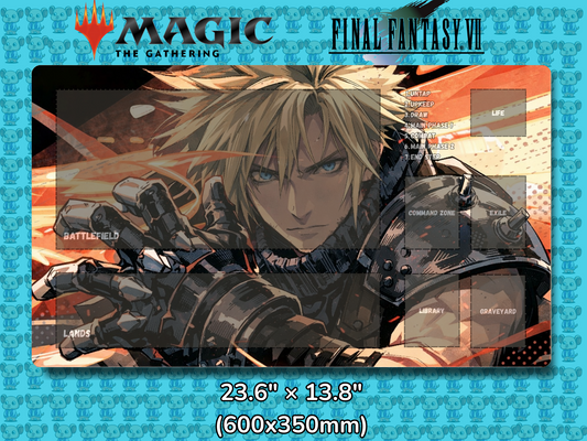 Playmat with character design featuring 'Magic: The Gathering' and 'Final Fantasy VII' logos on a blue background.