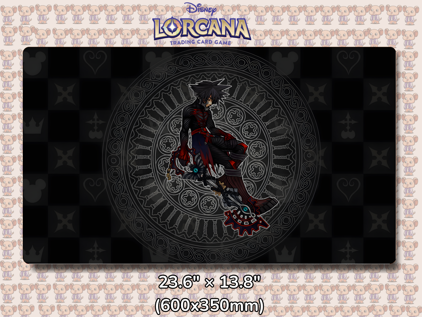 Playmat with character design featuring Lorcana Characters and logos on a beige background.