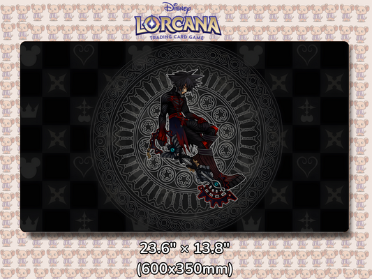 Playmat with character design featuring Lorcana Characters and logos on a beige background.