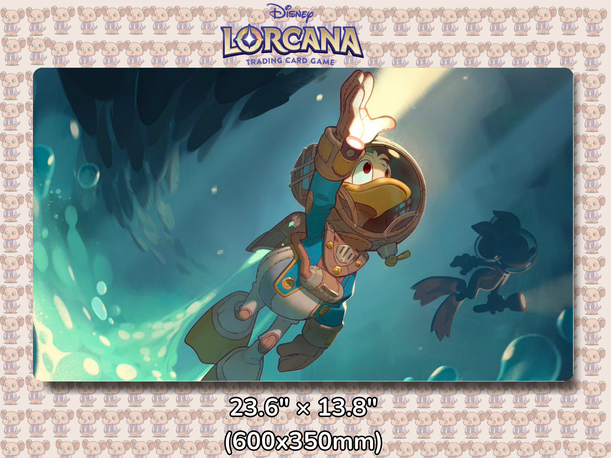 Playmat with character design featuring Lorcana Characters and logos on a beige background.