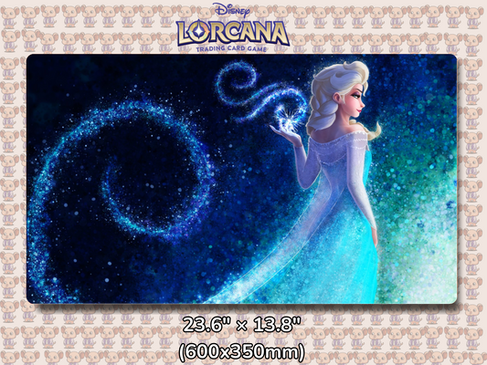 Playmat with character design featuring Lorcana Characters and logos on a beige background.