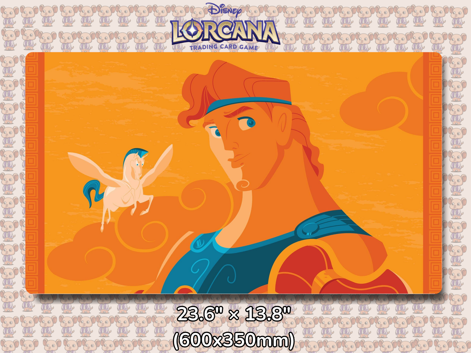 Playmat with character design featuring Lorcana Characters and logos on a beige background.