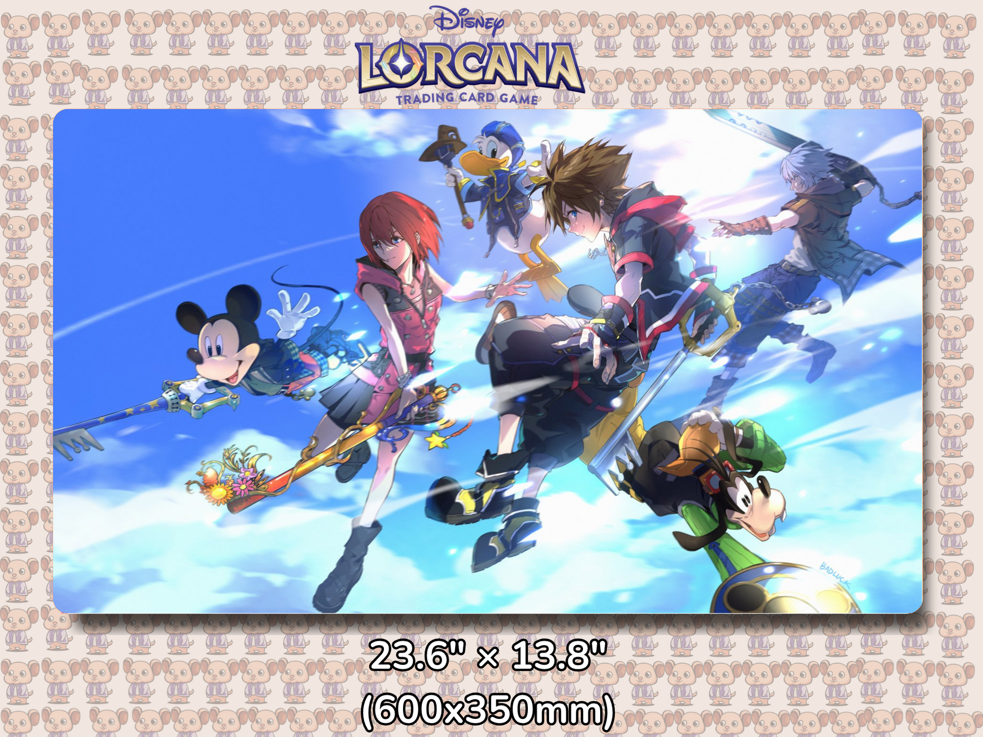 Playmat with character design featuring Lorcana Characters and logos on a beige background.