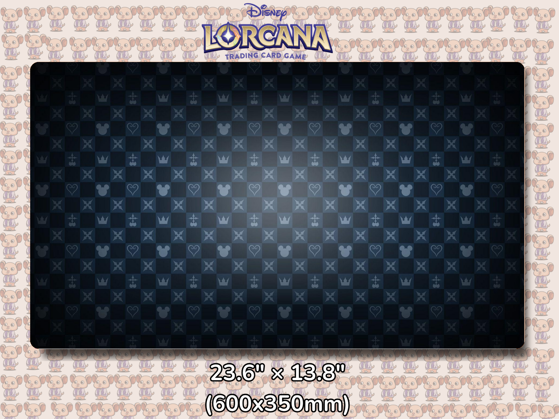 Playmat with character design featuring Lorcana Characters and logos on a beige background.
