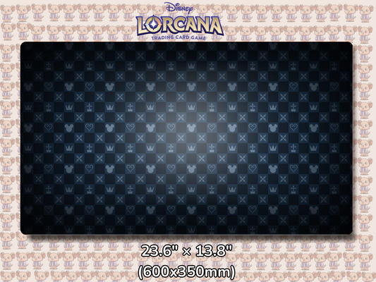 Playmat with character design featuring Lorcana Characters and logos on a beige background.