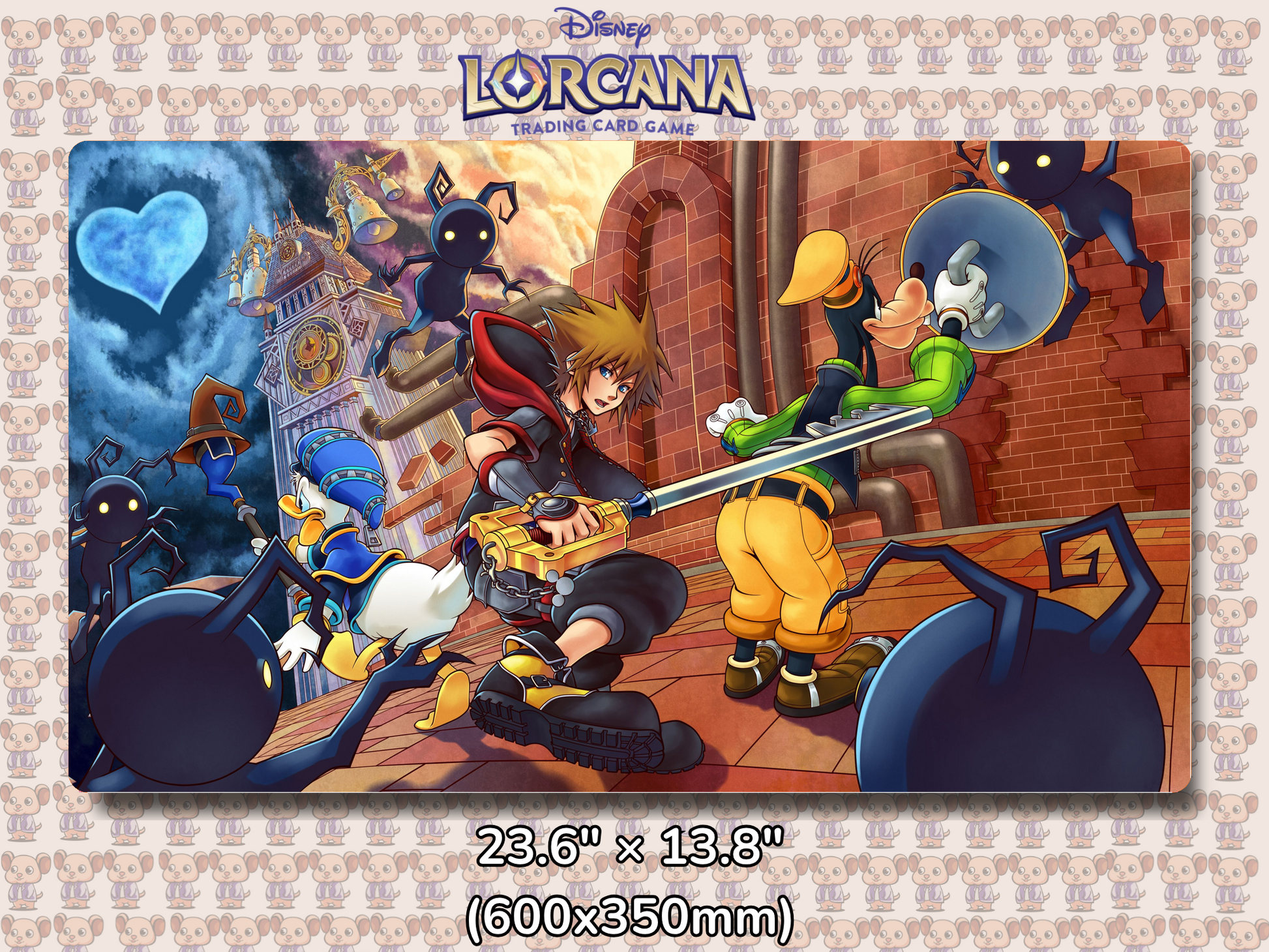 Playmat with character design featuring Lorcana Characters and logos on a beige background.