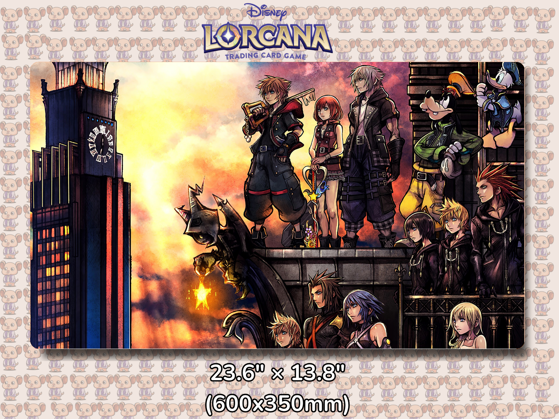 Playmat with character design featuring Lorcana Characters and logos on a beige background.