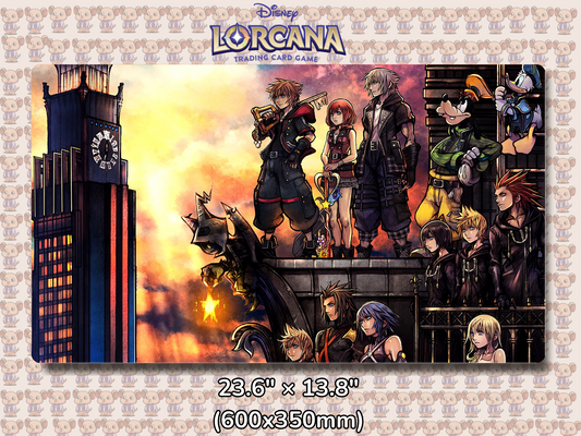 Playmat with character design featuring Lorcana Characters and logos on a beige background.