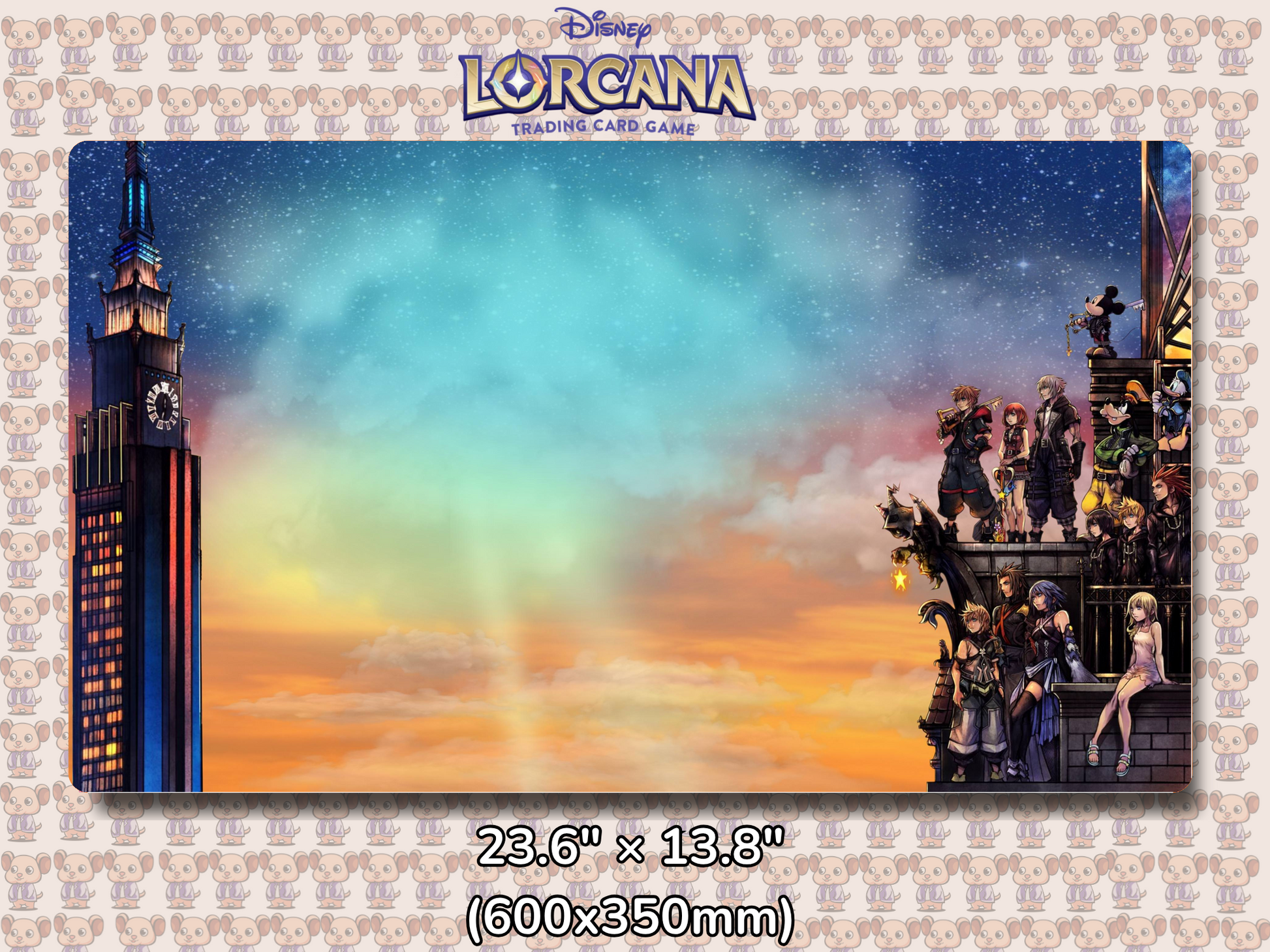 Playmat with character design featuring Lorcana Characters and logos on a beige background.