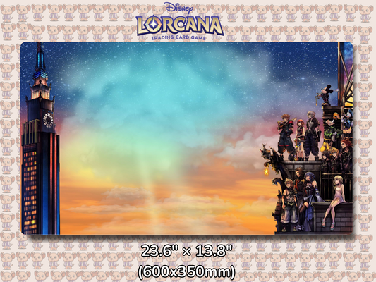 Playmat with character design featuring Lorcana Characters and logos on a beige background.