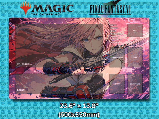 Playmat with character design featuring 'Magic: The Gathering' and 'Final Fantasy VII' logos on a blue background.