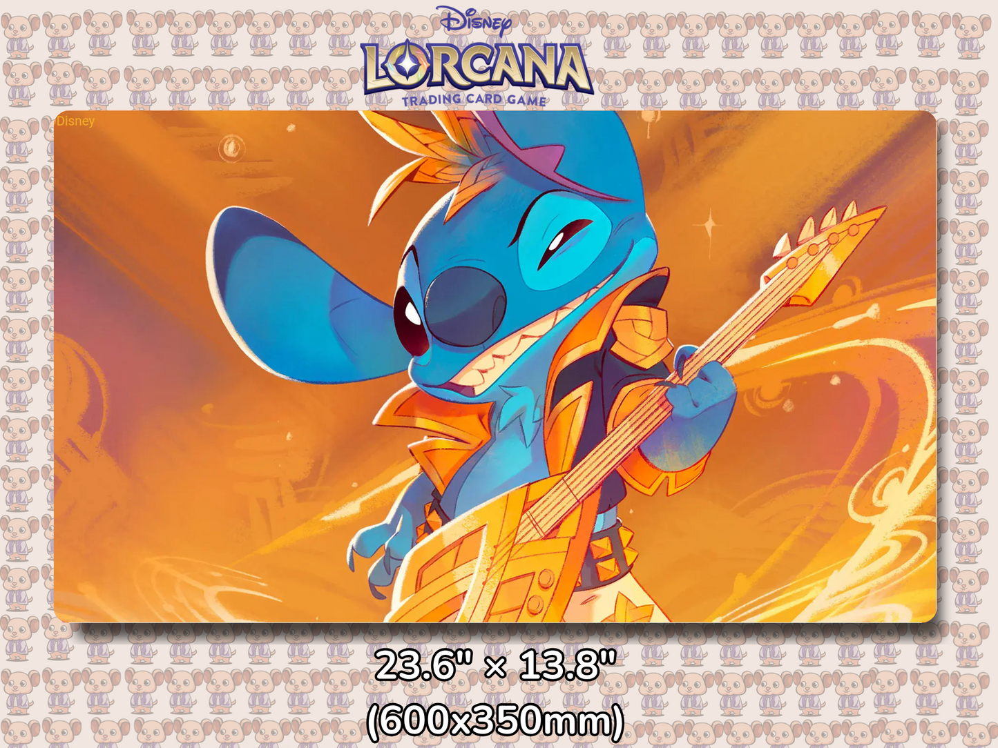 Playmat with character design featuring Lorcana Characters and logos on a beige background.