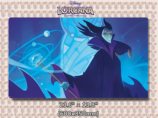 Playmat with character design featuring Lorcana Characters and logos on a beige background.
