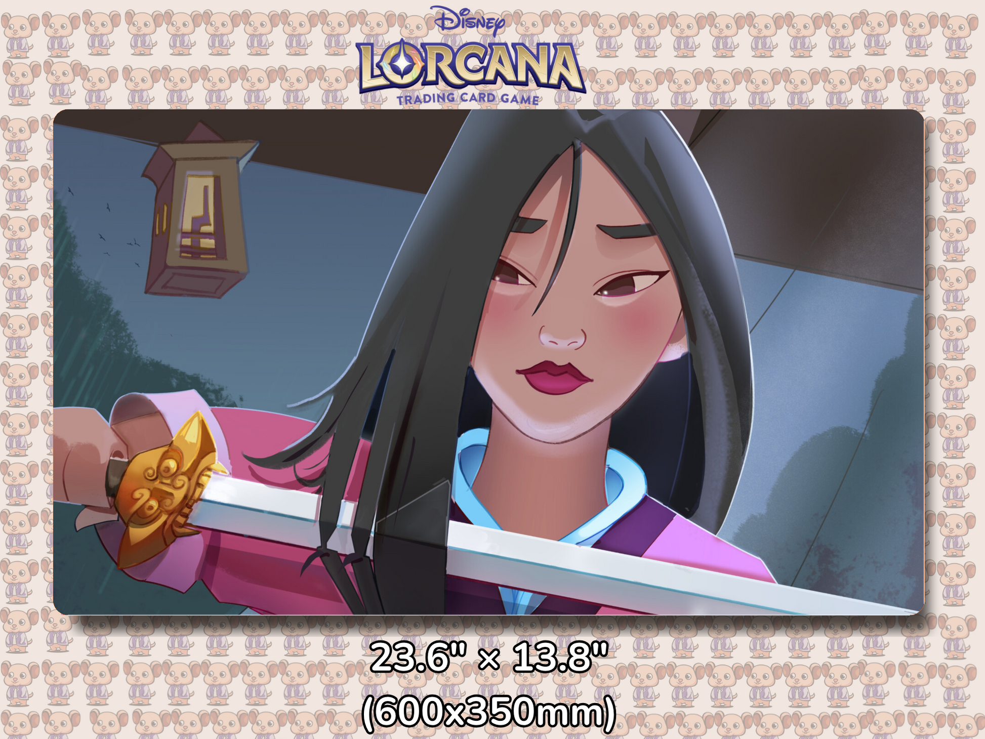 Playmat with character design featuring Lorcana Characters and logos on a beige background.