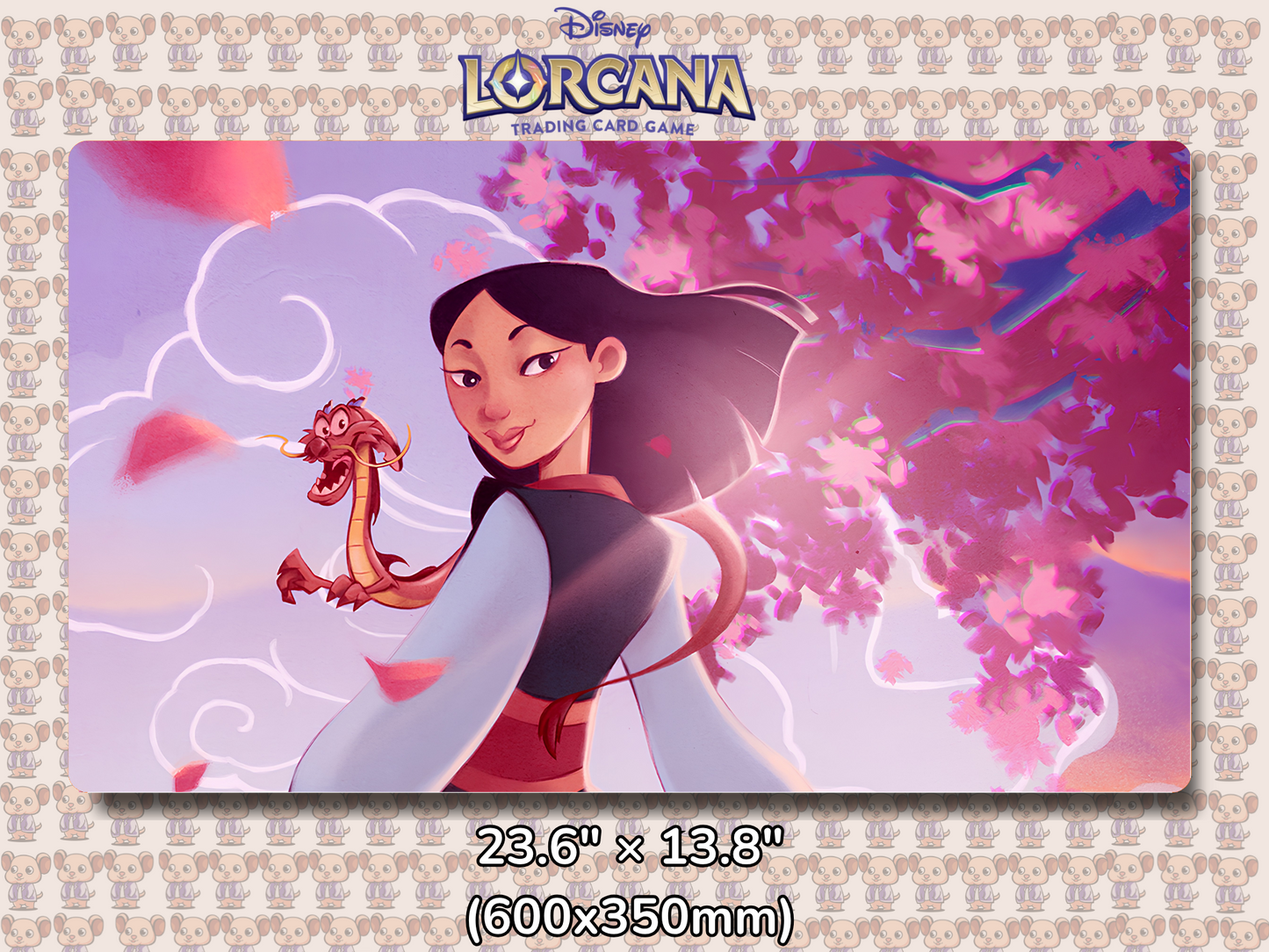 Playmat with character design featuring Lorcana Characters and logos on a beige background.