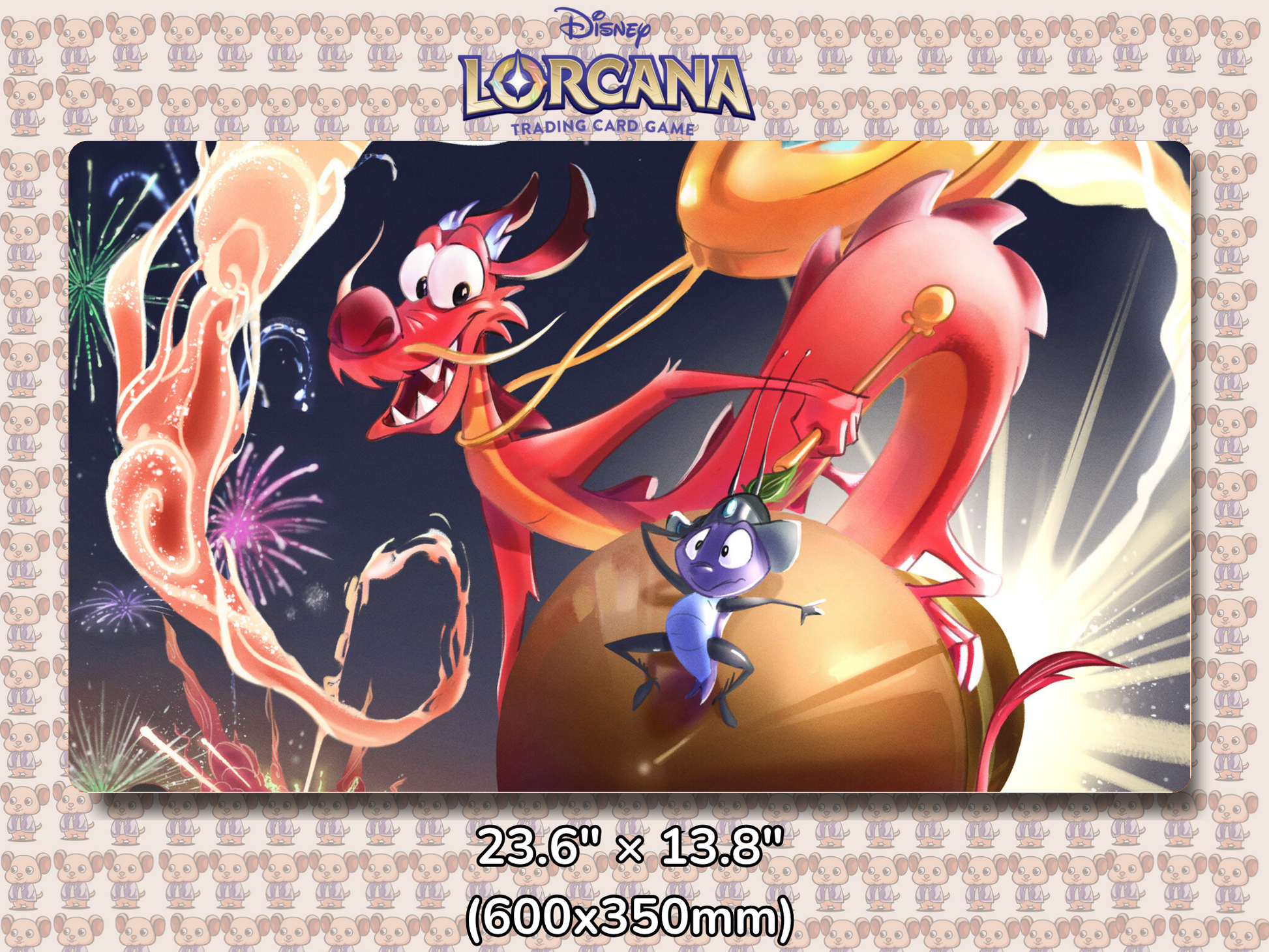 Playmat with character design featuring Lorcana Characters and logos on a beige background.