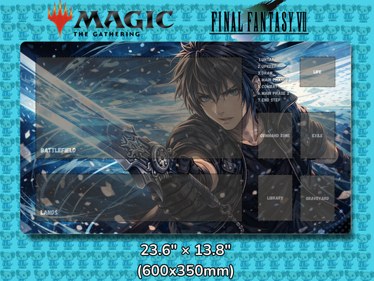 Playmat with character design featuring 'Magic: The Gathering' and 'Final Fantasy VII' logos on a blue background.