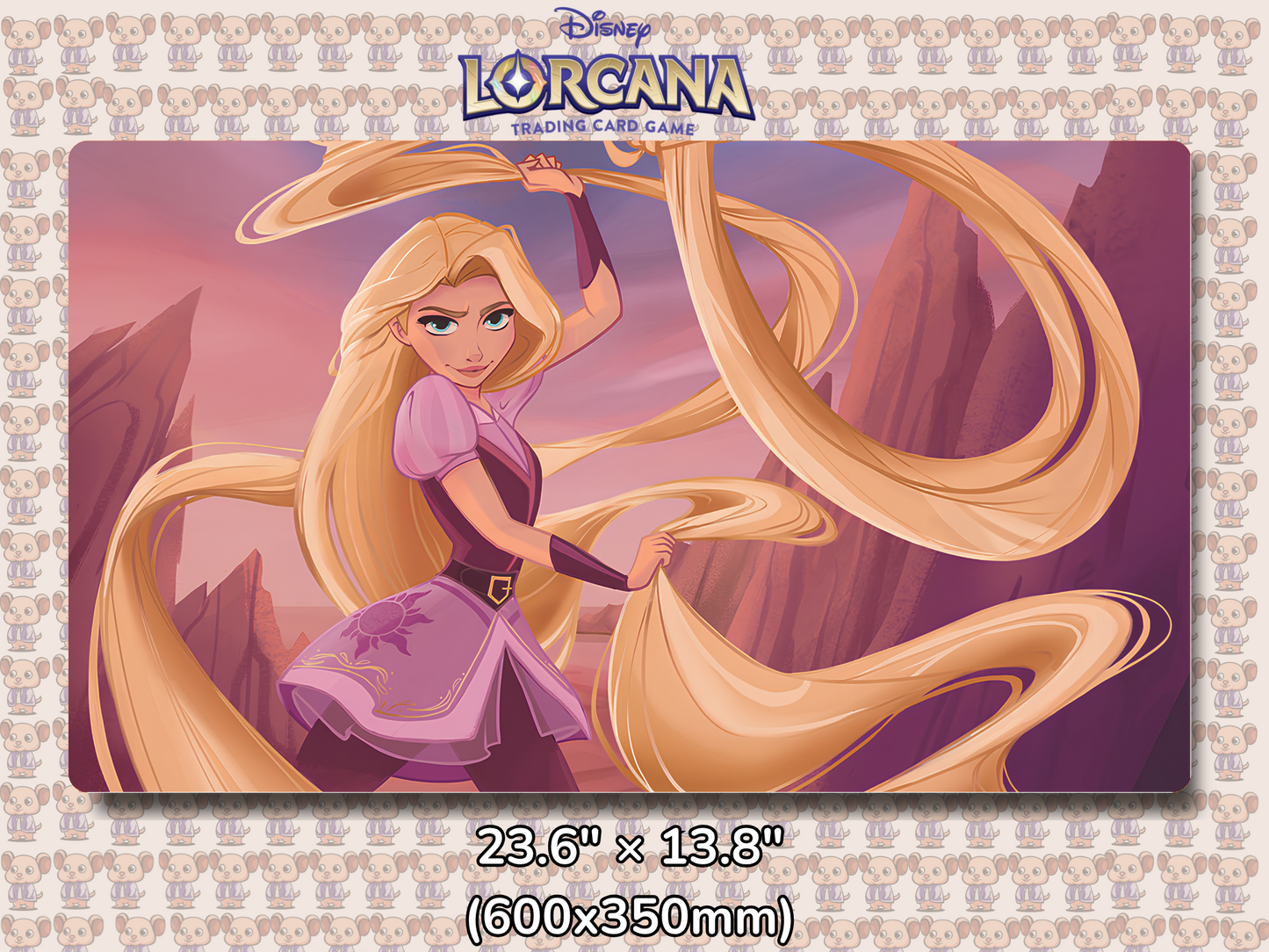 Playmat with character design featuring Lorcana Characters and logos on a beige background.