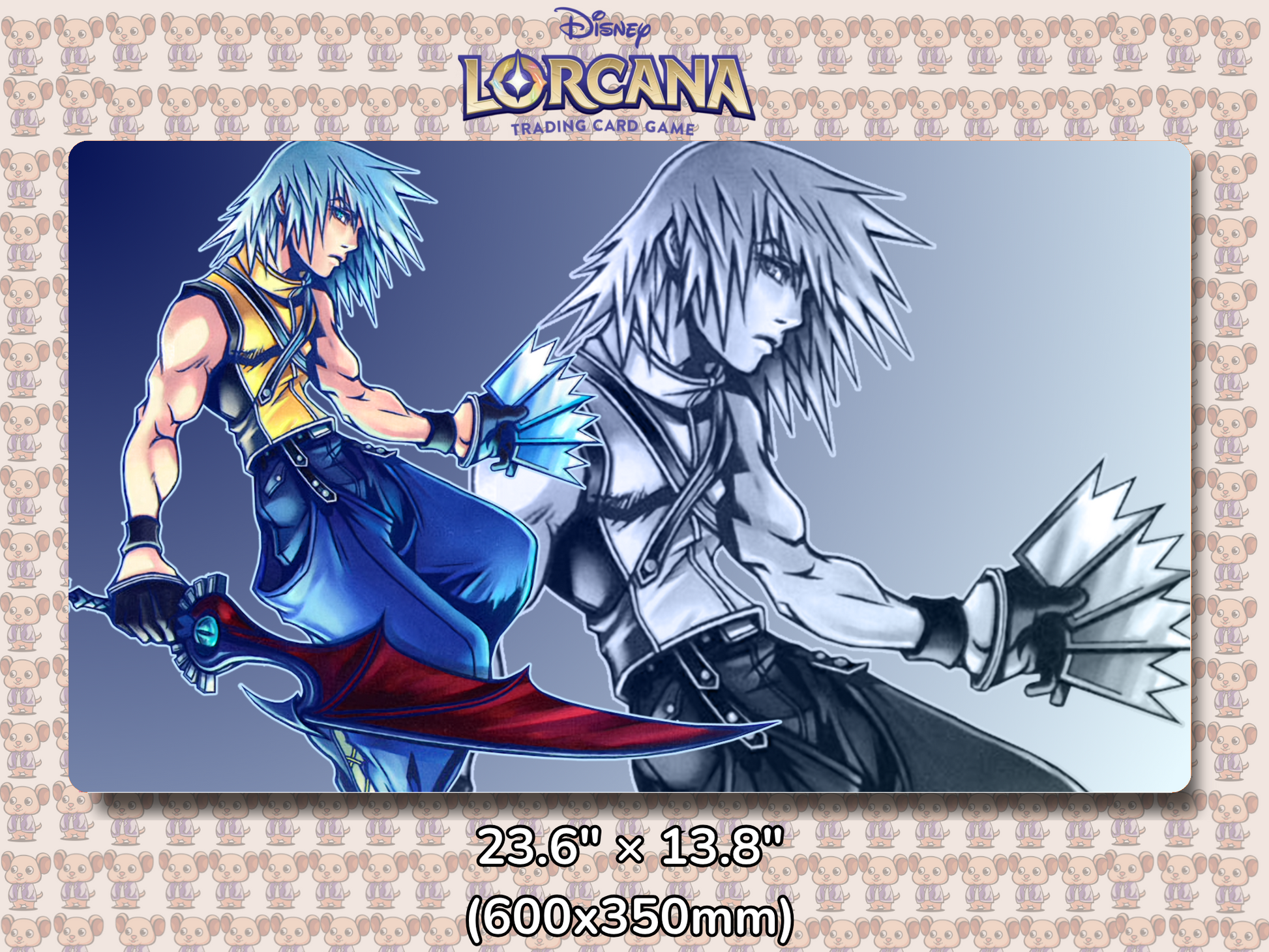 Playmat with character design featuring Lorcana Characters and logos on a beige background.