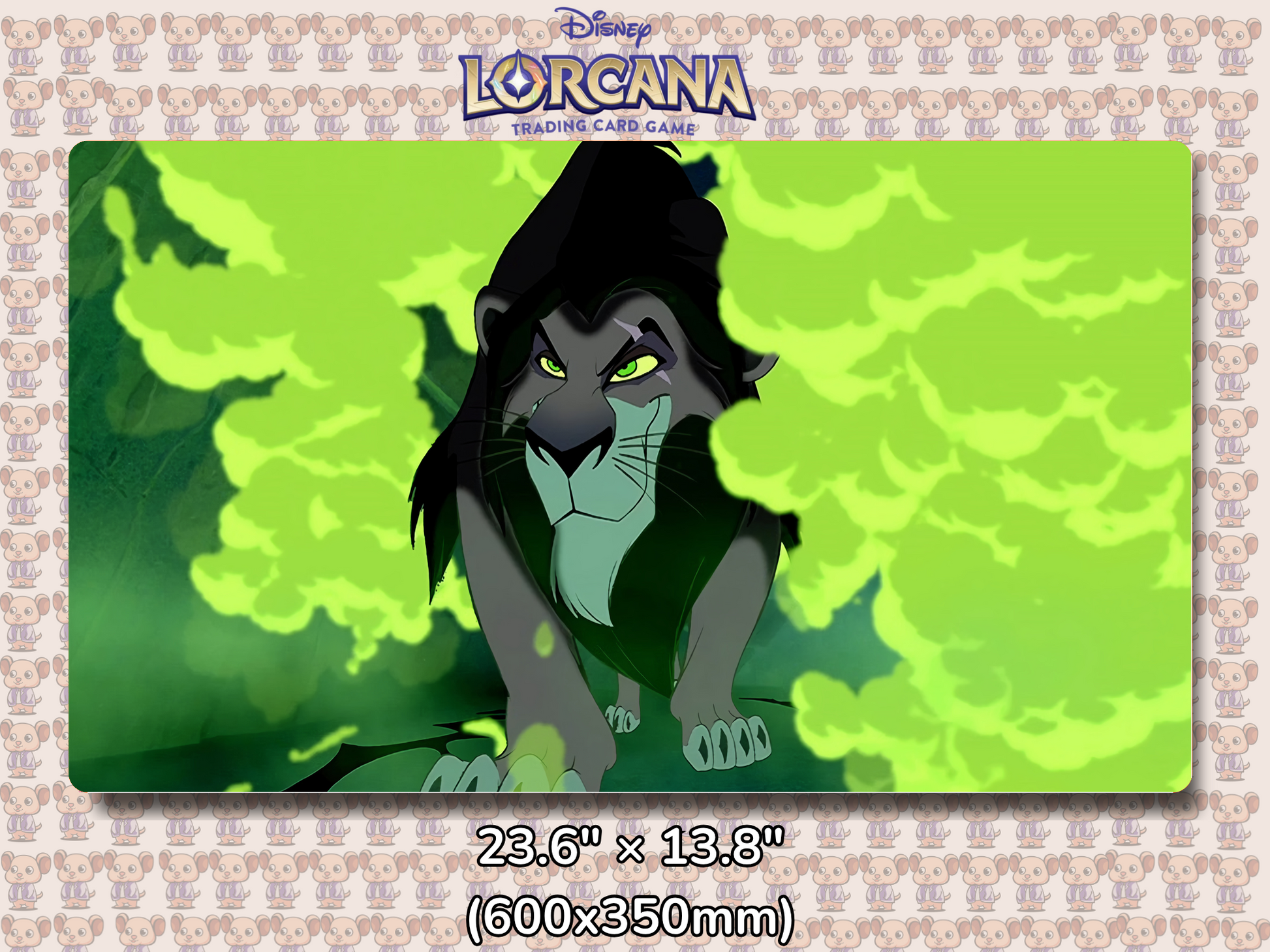 Playmat with character design featuring Lorcana Characters and logos on a beige background.