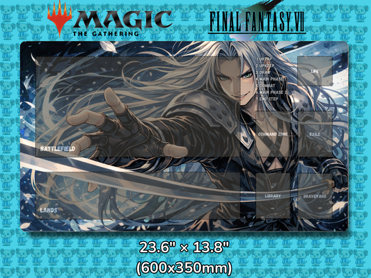 Playmat with character design featuring 'Magic: The Gathering' and 'Final Fantasy VII' logos on a blue background.
