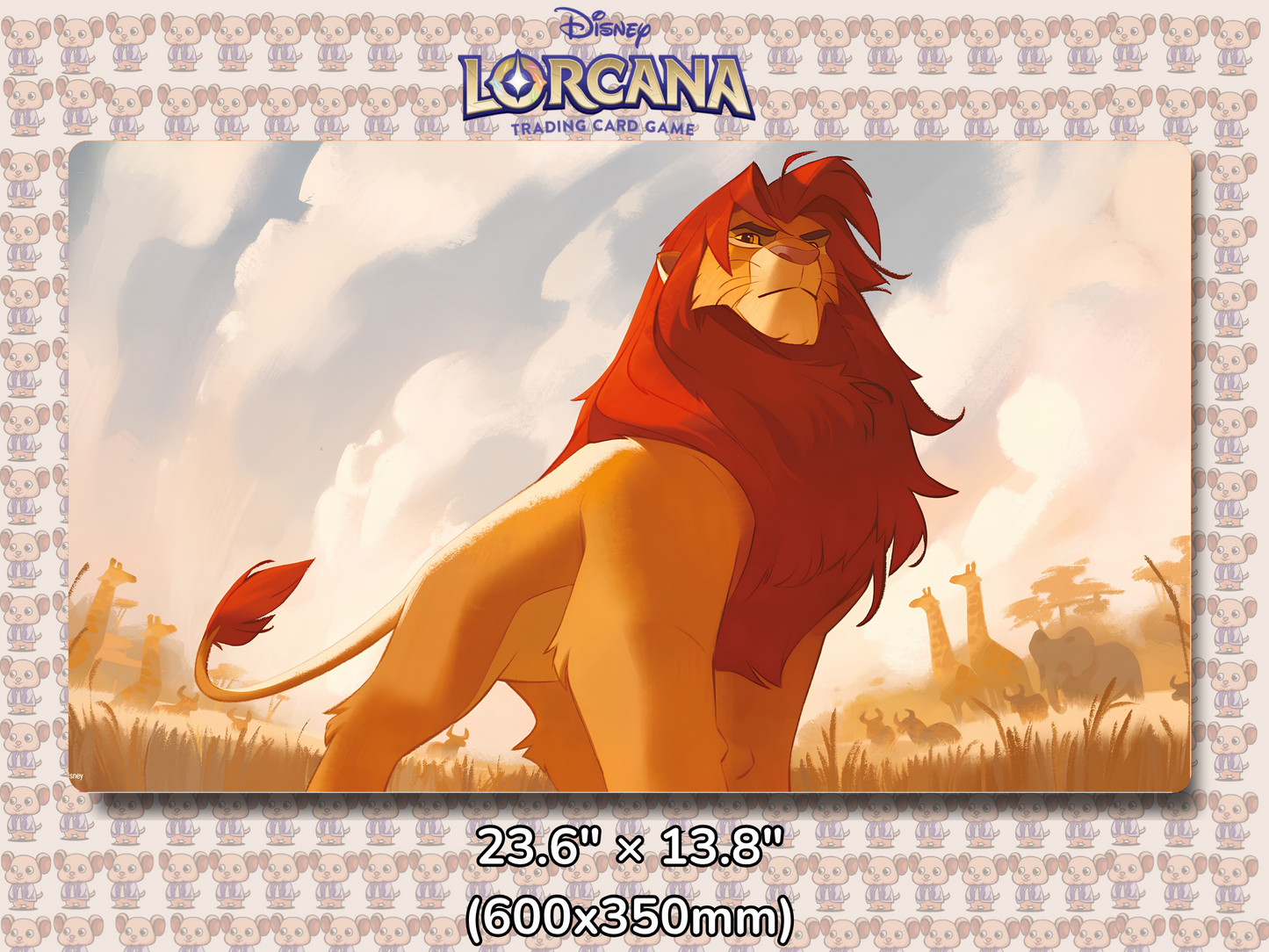 Playmat with character design featuring Lorcana Characters and logos on a beige background.