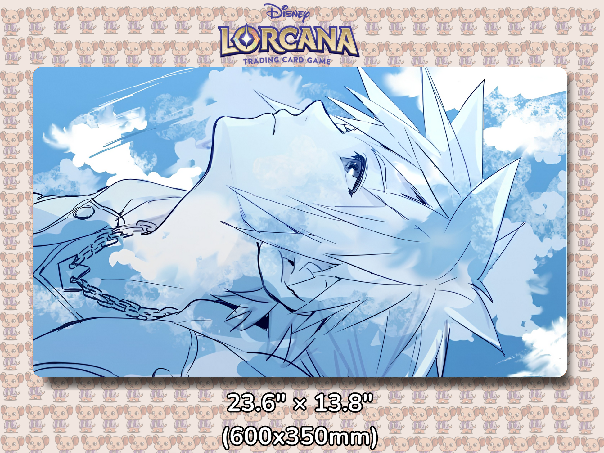 Playmat with character design featuring Lorcana Characters and logos on a beige background.