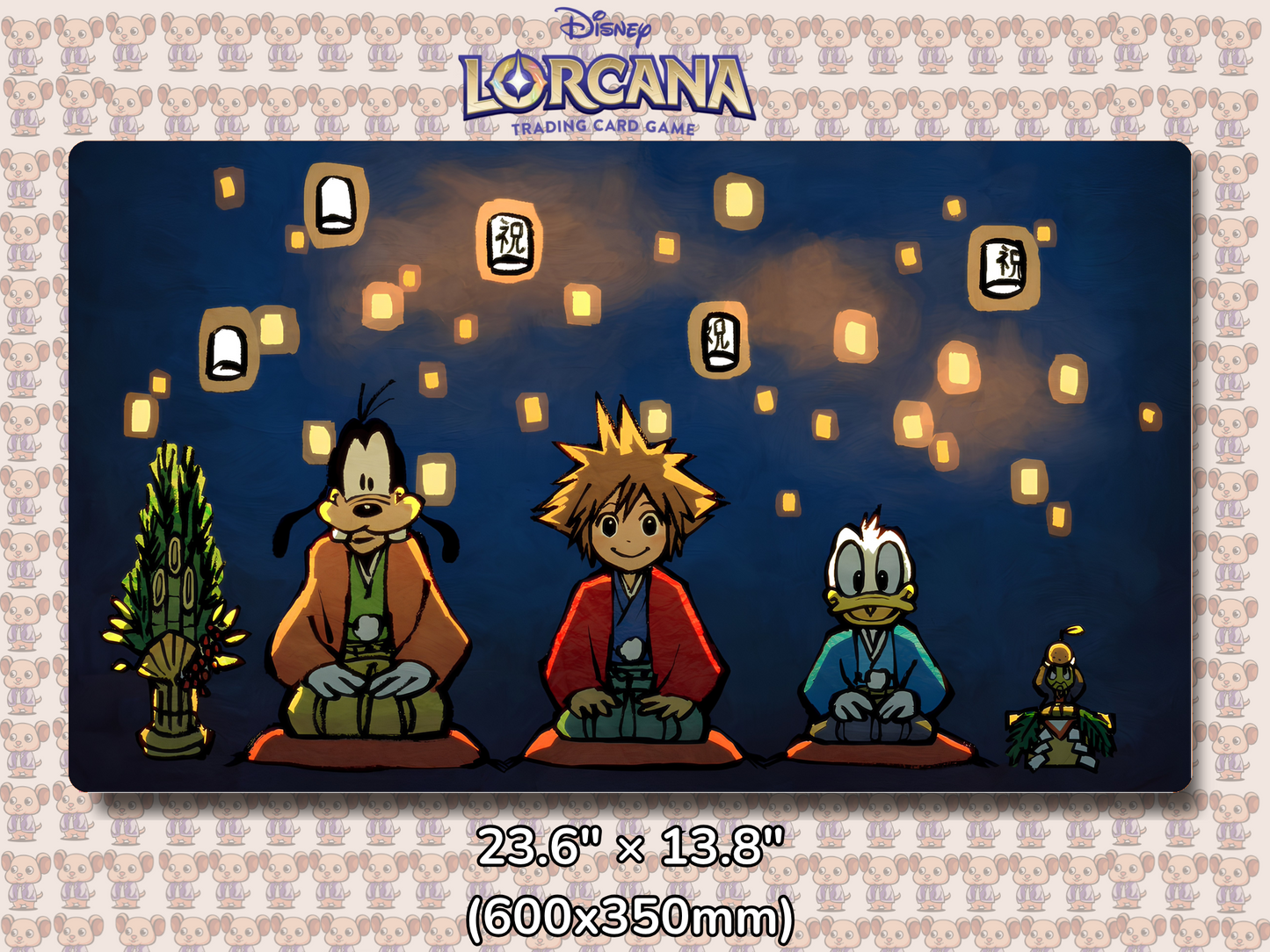 Playmat with character design featuring Lorcana Characters and logos on a beige background.