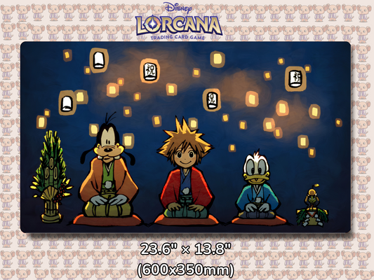 Playmat with character design featuring Lorcana Characters and logos on a beige background.