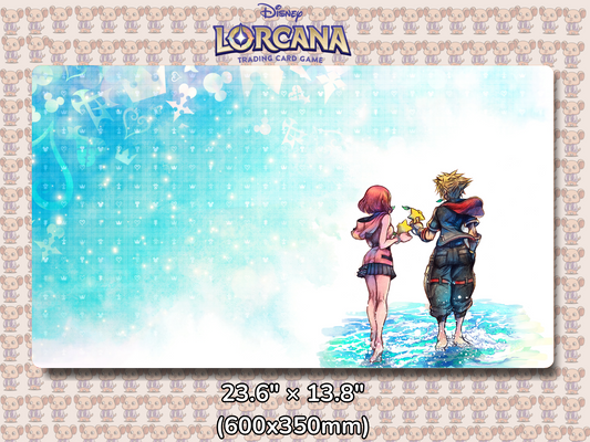 Playmat with character design featuring Lorcana Characters and logos on a beige background.