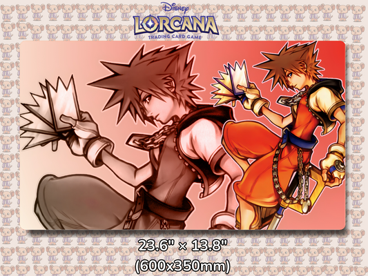 Playmat with character design featuring Lorcana Characters and logos on a beige background.
