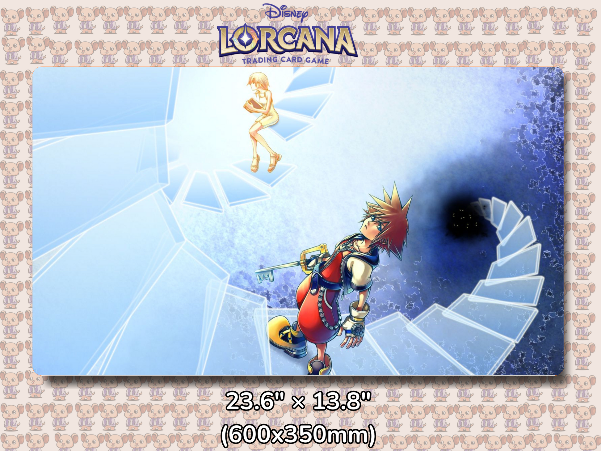 Playmat with character design featuring Lorcana Characters and logos on a beige background.