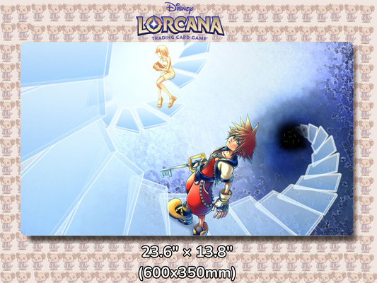 Playmat with character design featuring Lorcana Characters and logos on a beige background.